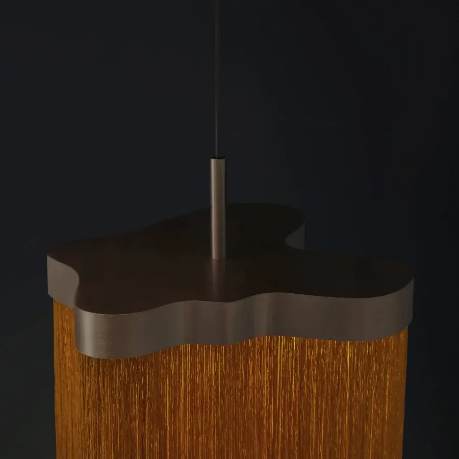 Exceptional Contardi Arcipelago suspension lamp with a distinctive bronze body and fire-resistant Trevira CS fringes