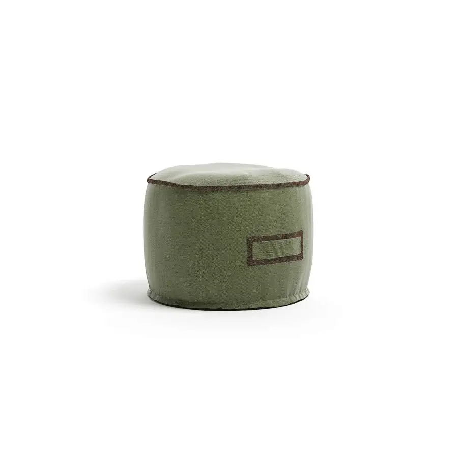 Superior Atmosphera Soft Round Ottoman with textured matte olive green fabric and anti-slip rubberised base