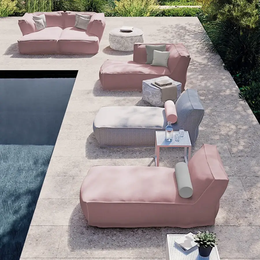 Exceptional Atmosphera Soft Round Ottoman with muted rose textile upholstery and stabilizing rubberised technical fabric base