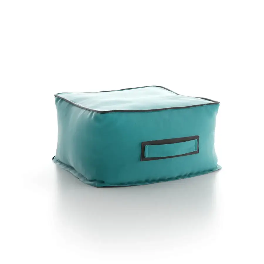 Sophisticated Atmosphera Soft Square Ottoman in muted teal coated fabric with a rubberized base