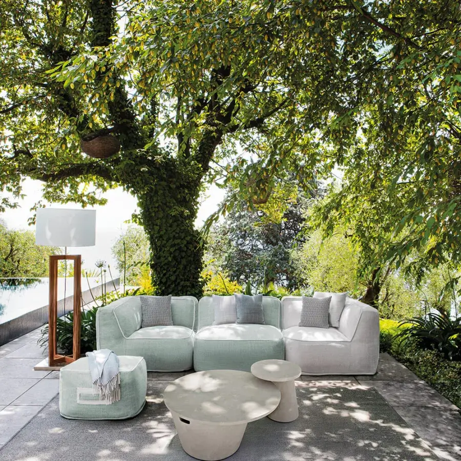 Distinguished Atmosphera Soft Square ottoman upholstered in pale mint green textile with breathable coated fabric and rubberized base
