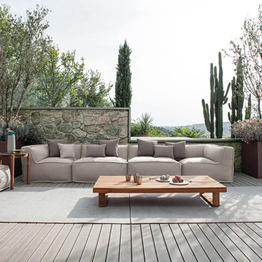 Exceptional Atmosphera Soft Square ottoman crafted in light beige coated breathable fabric with a non-slip base