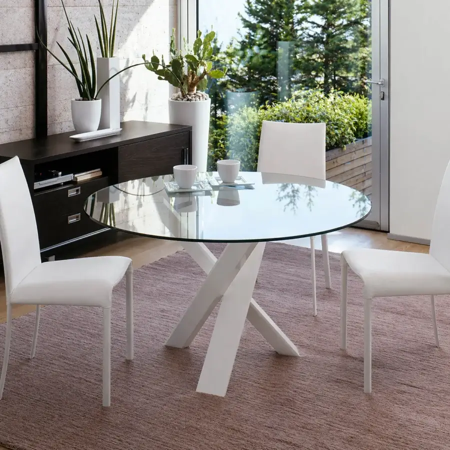 Elegant Ivano Antonello Italia Resort dining table with clear tempered glass and matte white lacquered wood frame