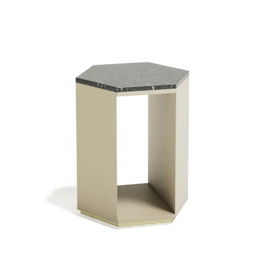 Distinctive Capital Dedalo side table crafted in wood with a matt finish and complemented by a dark gray marble tabletop