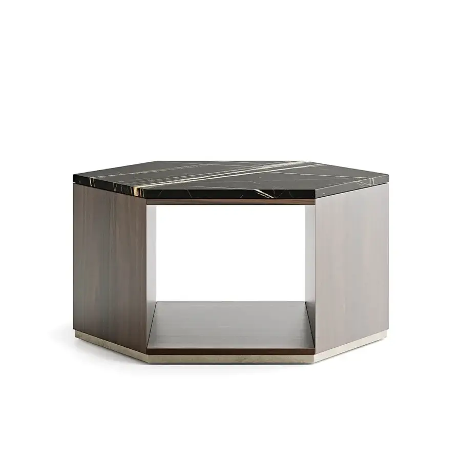 Exceptional Capital Dedalo coffee table crafted in dark brown wood with polished grey-veined marble and a matt finish