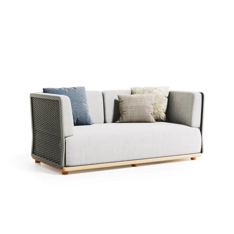 Exceptional Atmosphera Switch sofa with light gray textile upholstery, dark gray woven panels and a natural wood base
