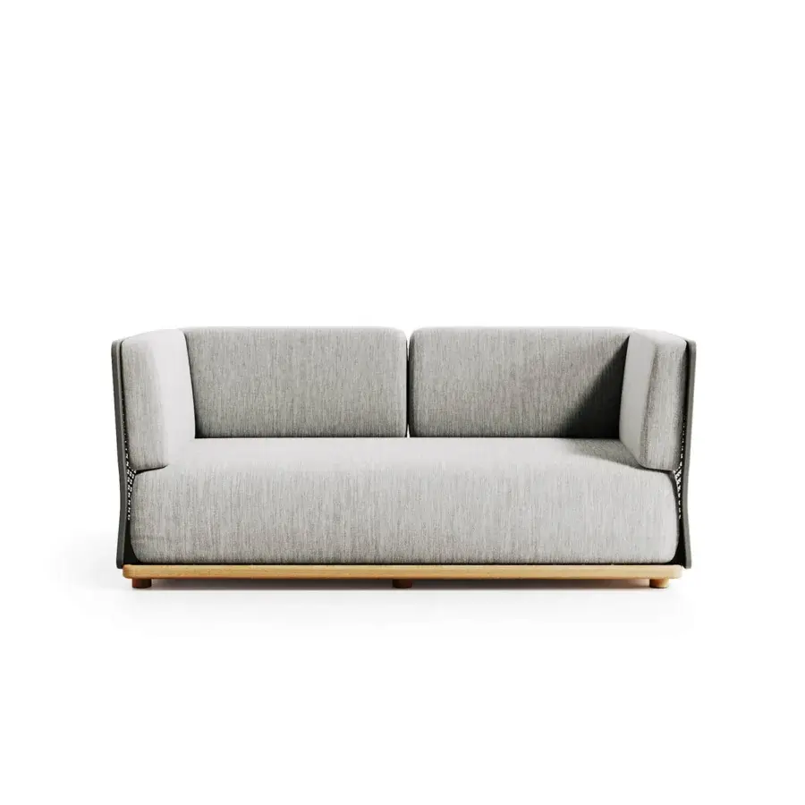 Superior Atmosphera Switch sofa with light gray woven fabric upholstery and medium-brown wood finished aluminum base