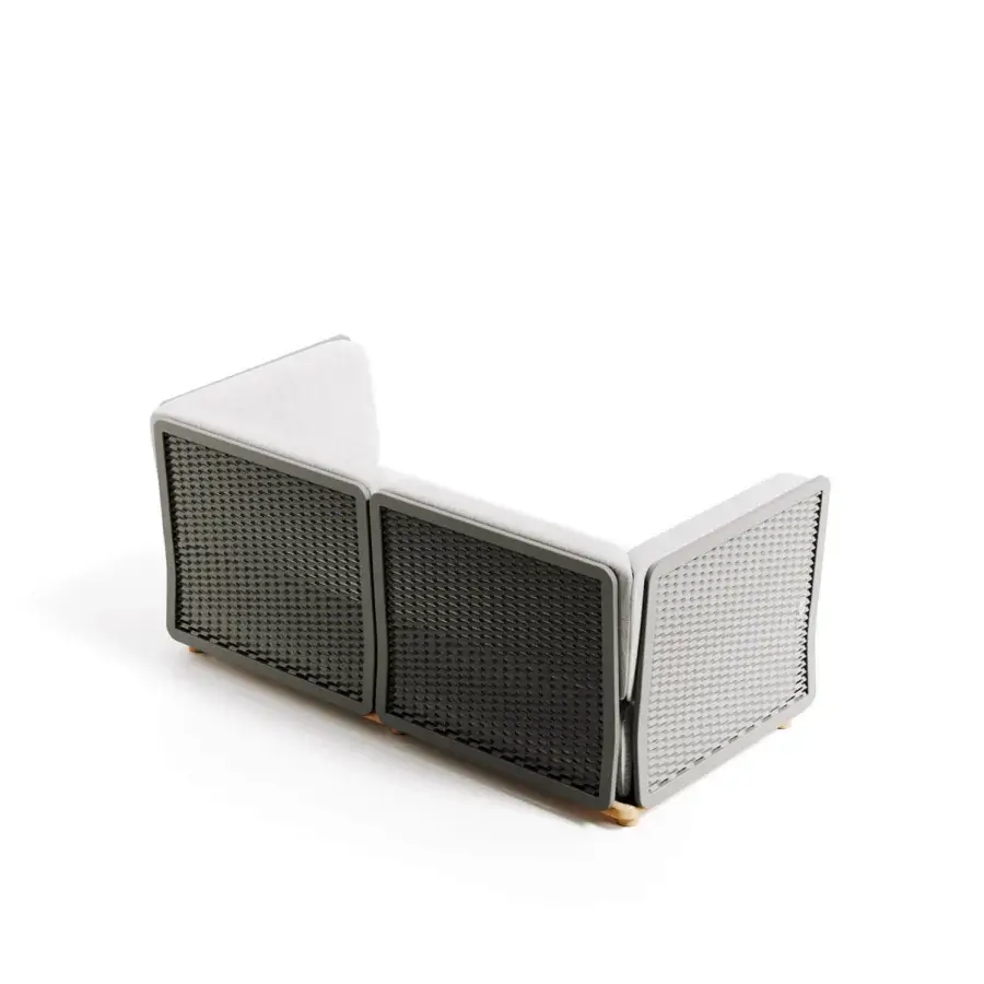 Elegant Atmosphera Switch sofa with woven synthetic material, aluminum base and light wood accents in a muted gray tone