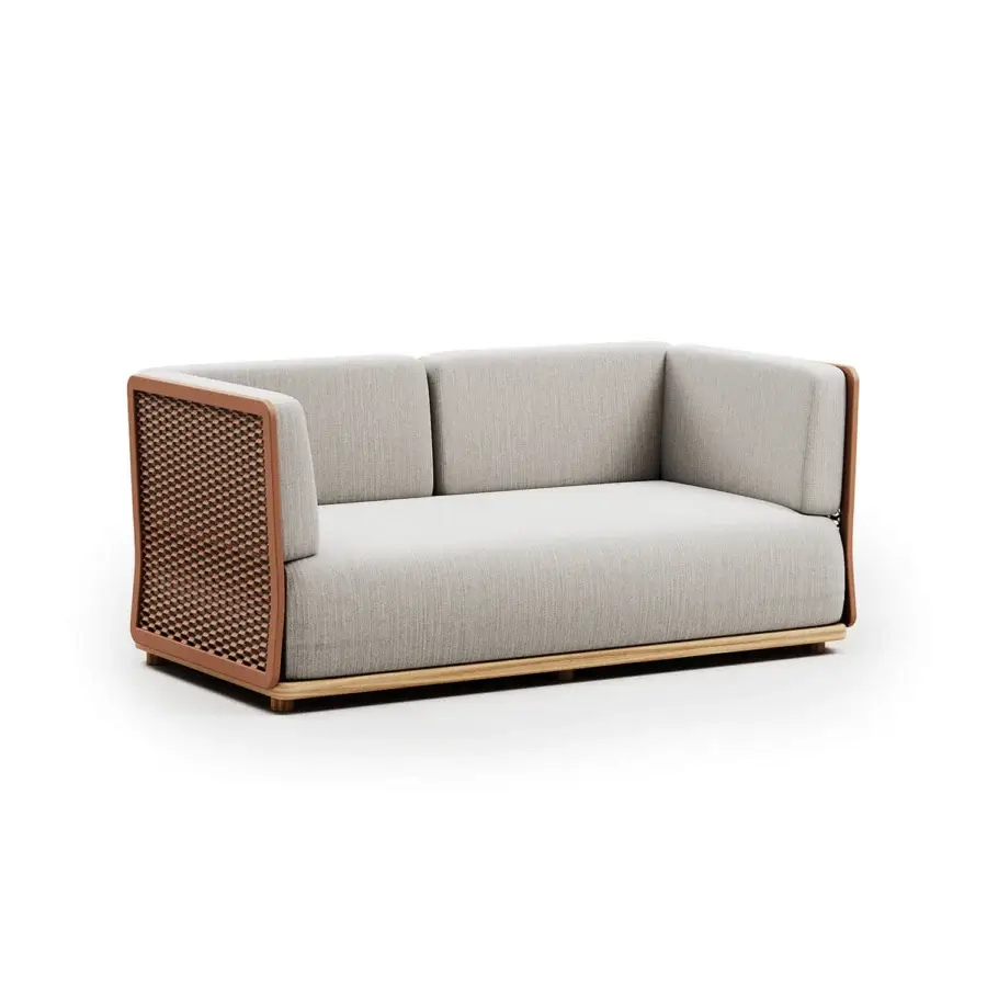 Distinguished Atmosphera Switch sofa with light gray textile, woven arm panels and satin-finish wood frame built upon an aluminum base