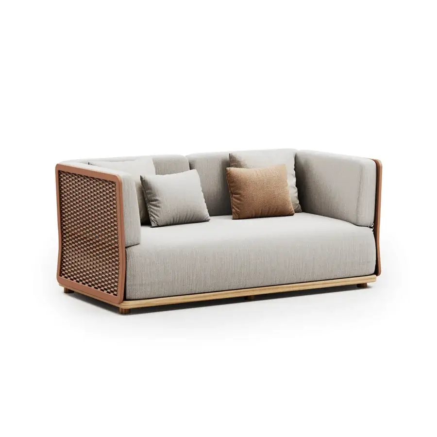 Sophisticated Atmosphera Switch sofa with light gray textile upholstery, warm brown woven synthetic panels and satin-finish wood frame