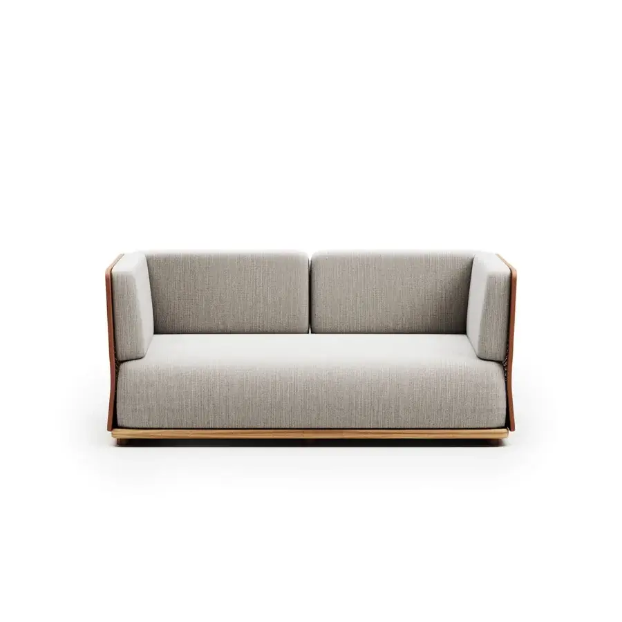 Elegant Atmosphera Switch sofa with light gray heathered textile, warm brown wood frame and sleek aluminum base