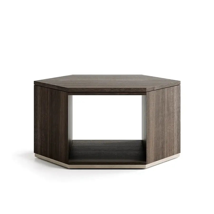 Exceptional Capital Dedalo coffee table with hexagonal form, dark brown wood and sophisticated matte finish