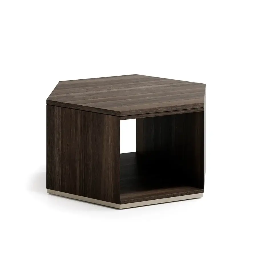 Distinguished Capital Dedalo coffee table crafted in dark brown wood with a matte finish and sleek metal plinth