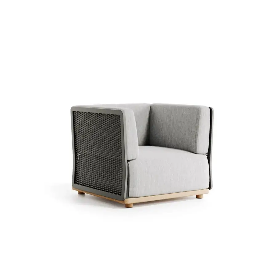 Exceptional Atmosphera Switch Lounge chair with light gray textile upholstery and smooth wood base crafted with aluminum plate
