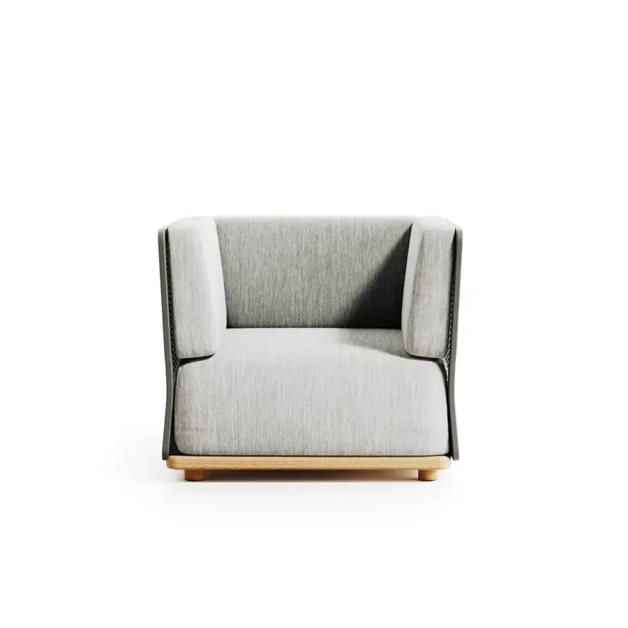 Elegant Atmosphera Switch Lounge chair with light gray woven fabric upholstery and smooth light-colored wood frame