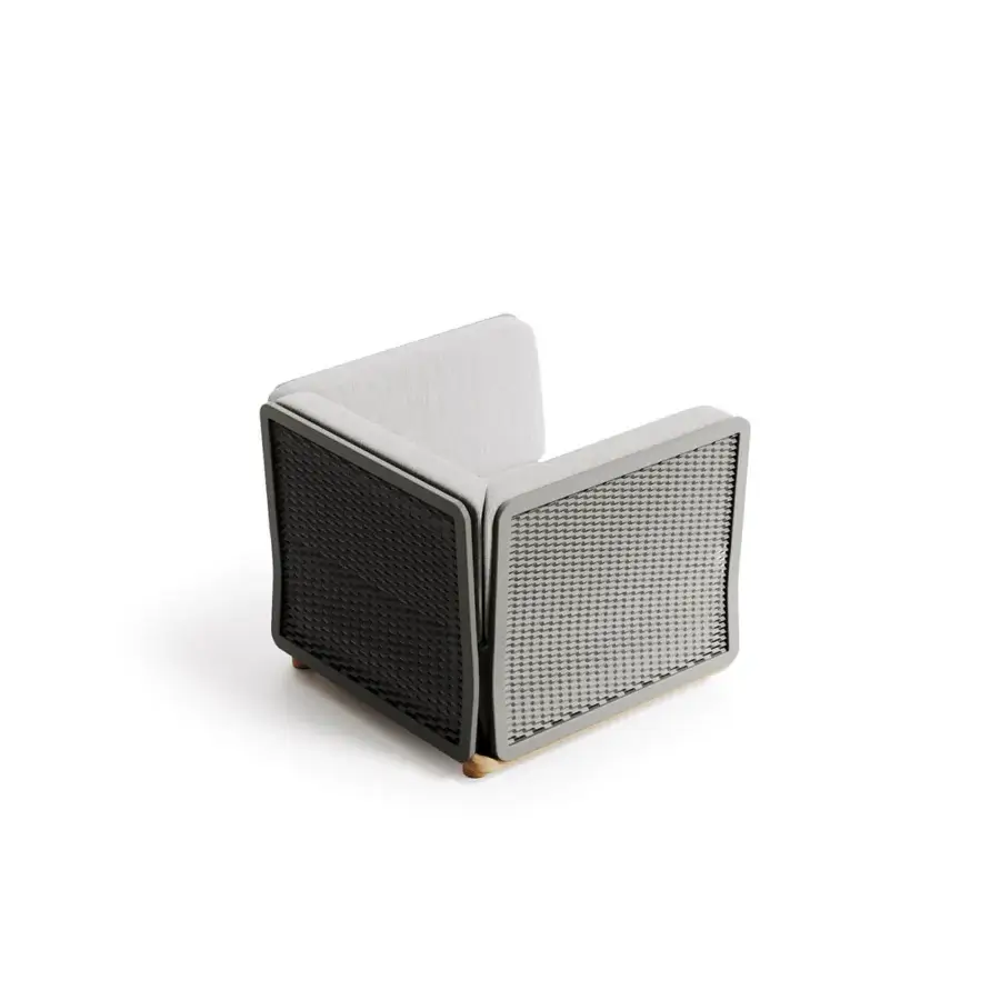 Superior Atmosphera Switch Lounge chair in light gray textile with aluminum plate and warm wood legs, exhibiting matte finishes