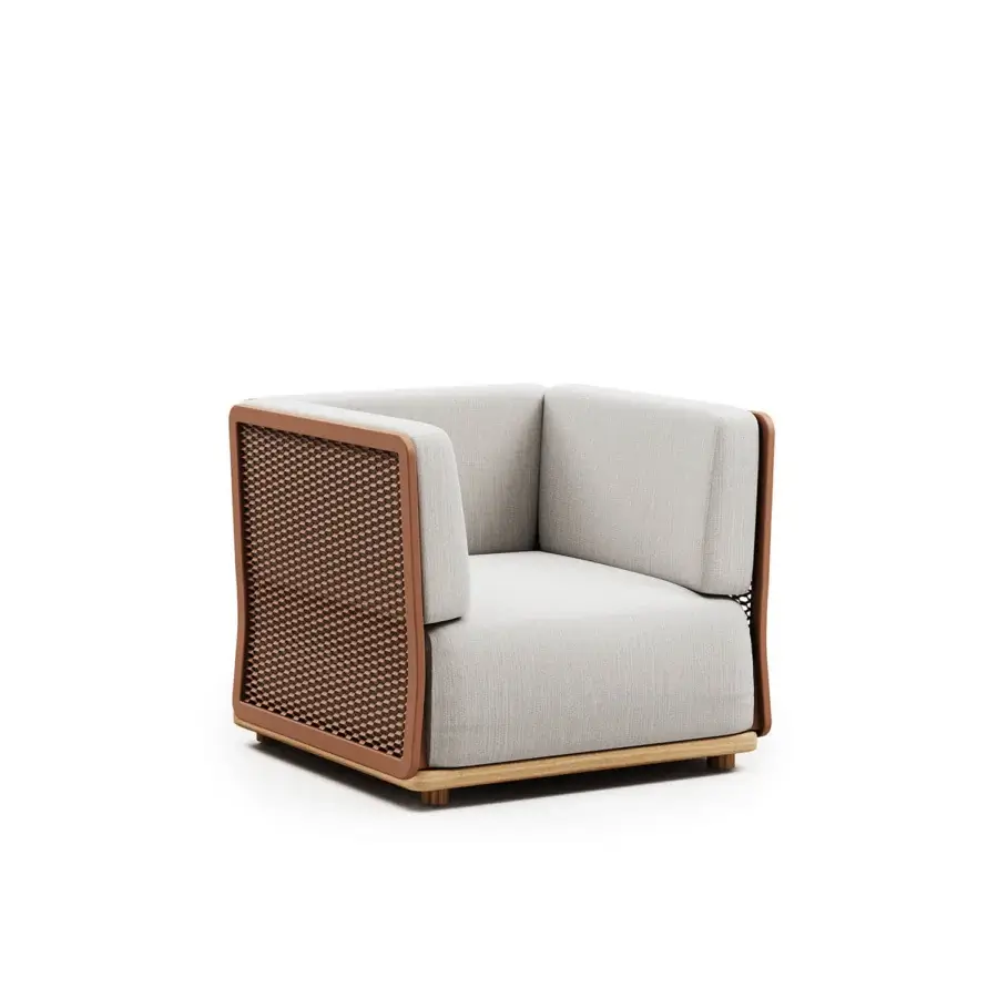 Distinguished Atmosphera Switch Lounge chair with woven light gray textile panels and satin-finish wood frame