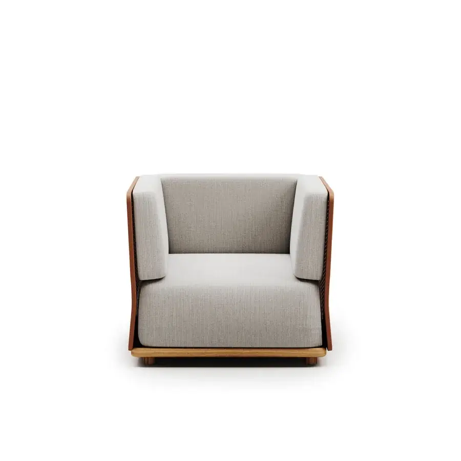 Architectural Atmosphera Switch Lounge chair with light gray textured textile upholstery and satin-finish wood frame