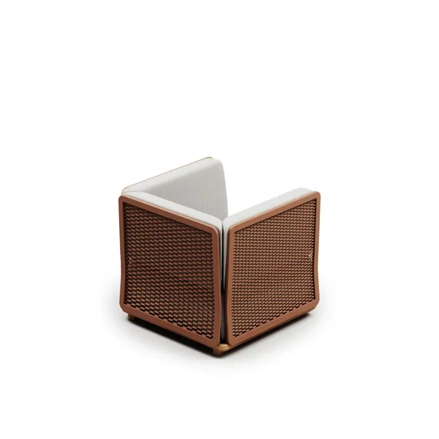 Exceptional Atmosphera Switch Lounge chair with reddish-brown satin wood framing and woven light gray textile panels