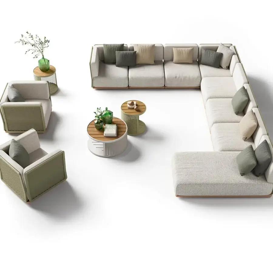 Sophisticated Atmosphera Switch Lounge chair with aluminum framing and textured woven back in sage green and light beige hues
