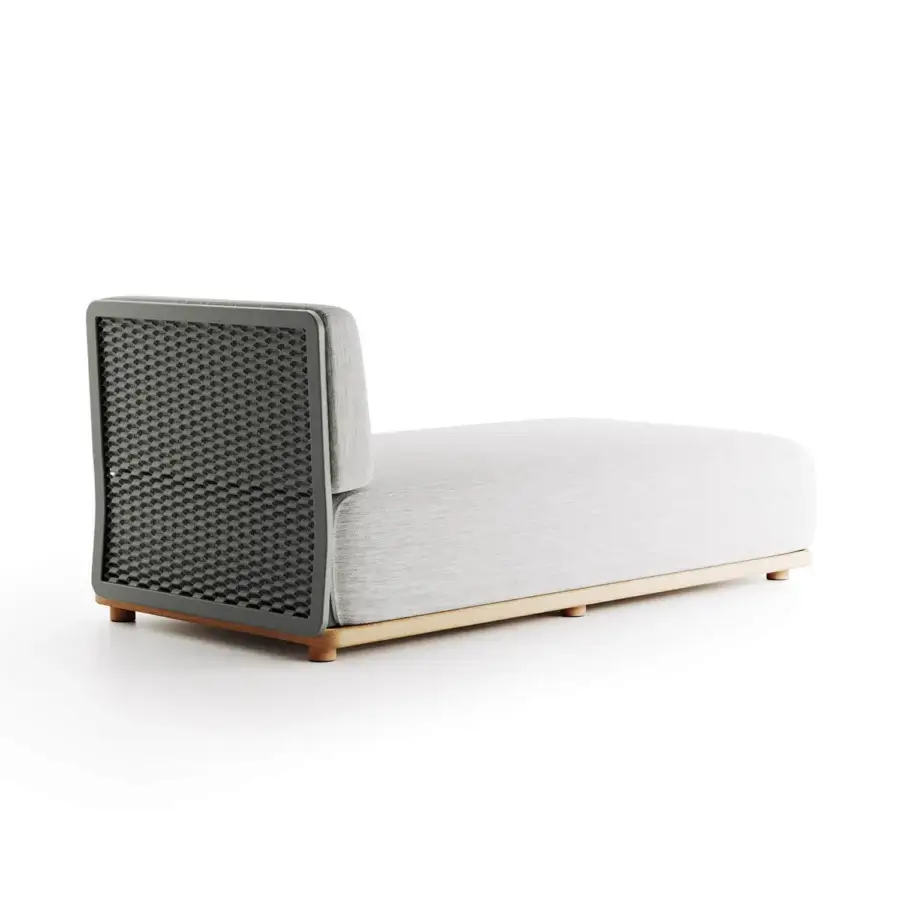 Elegant Atmosphera Switch chaise lounge built with light gray textile, dark gray woven synthetic, and satin wood frame