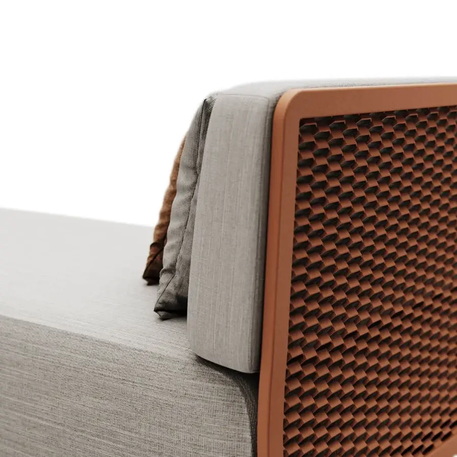 Exceptional Atmosphera Switch chaise lounge crafted with terracotta wood and aluminum, featuring a muted gray textile cushion