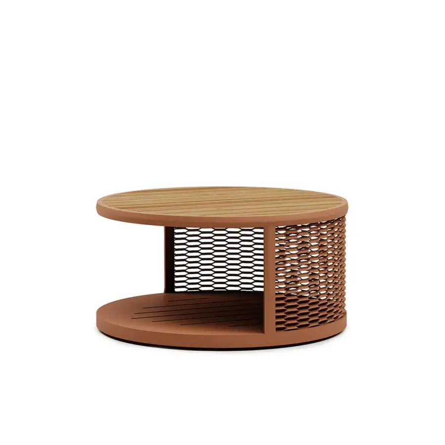 Elegant Atmosphera Switch coffee table with aluminum plate, natural wood slatted tabletop and terracotta toned metal mesh base
