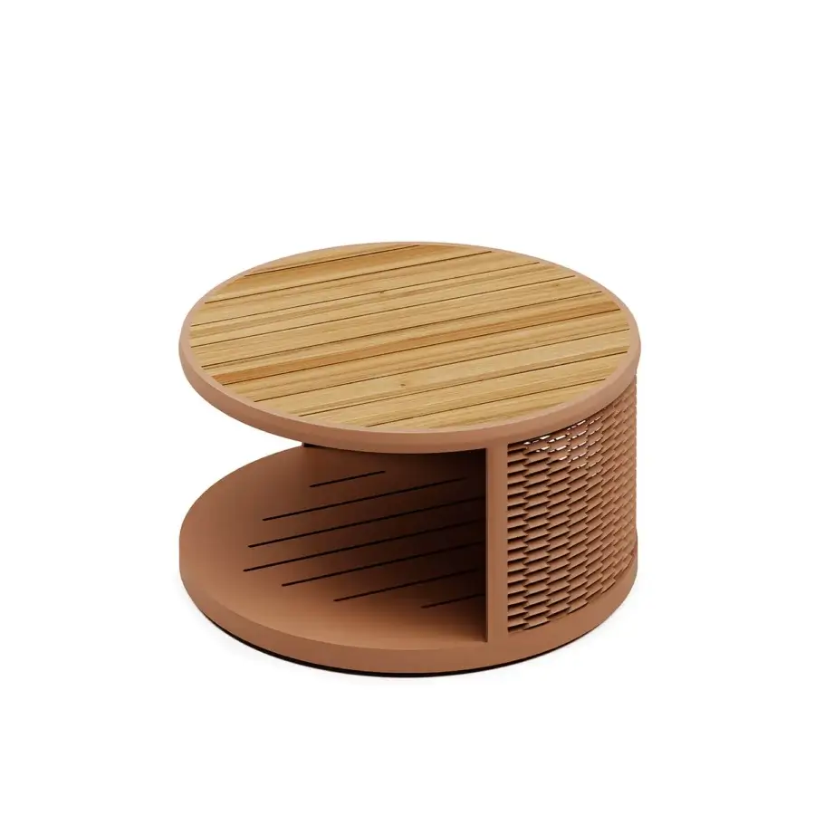 Superior Atmosphera Switch coffee table with reddish-brown textured aluminum base and natural wood tabletop