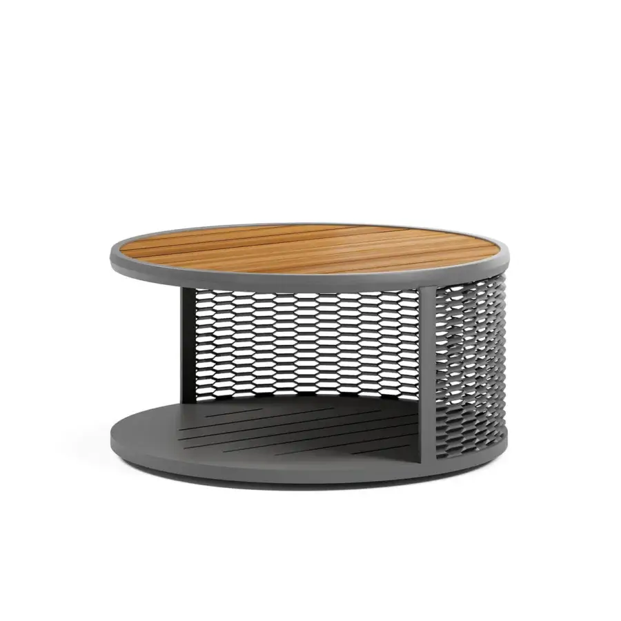 Distinguished Atmosphera Switch coffee table with dark gray openwork metal mesh and satin-finish wood tabletop crafted in high-performance aluminum
