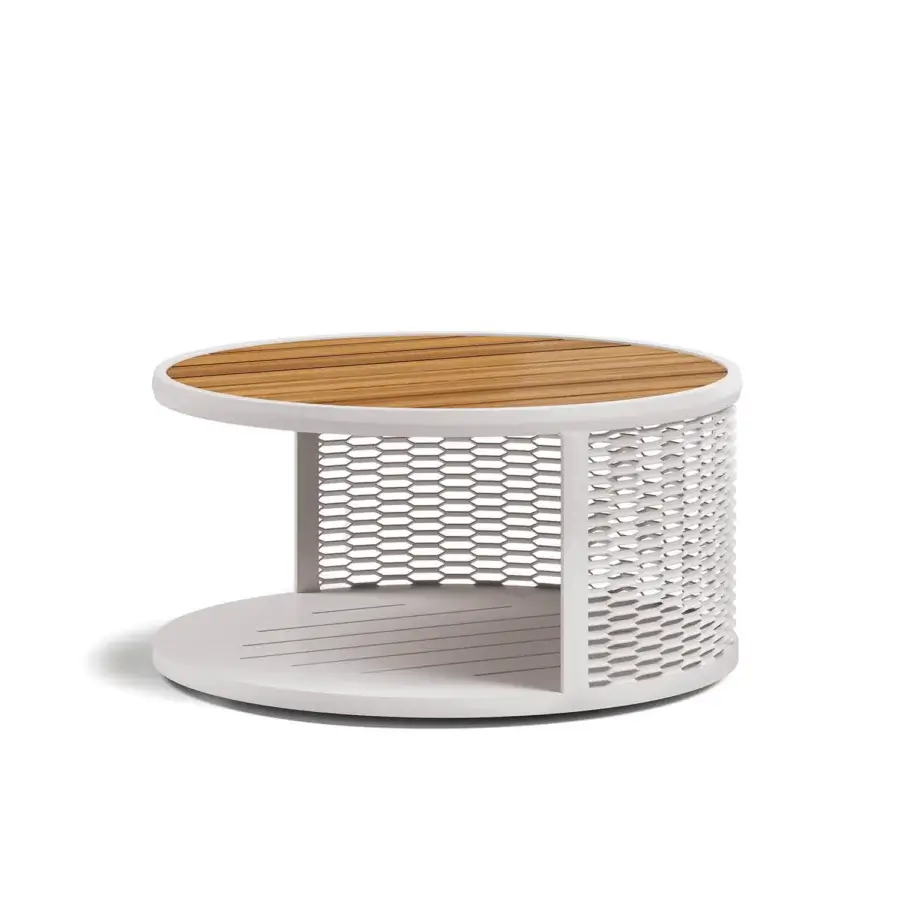 Superior Atmosphera Switch coffee table with warm brown wooden slats and subtly textured matte aluminum base