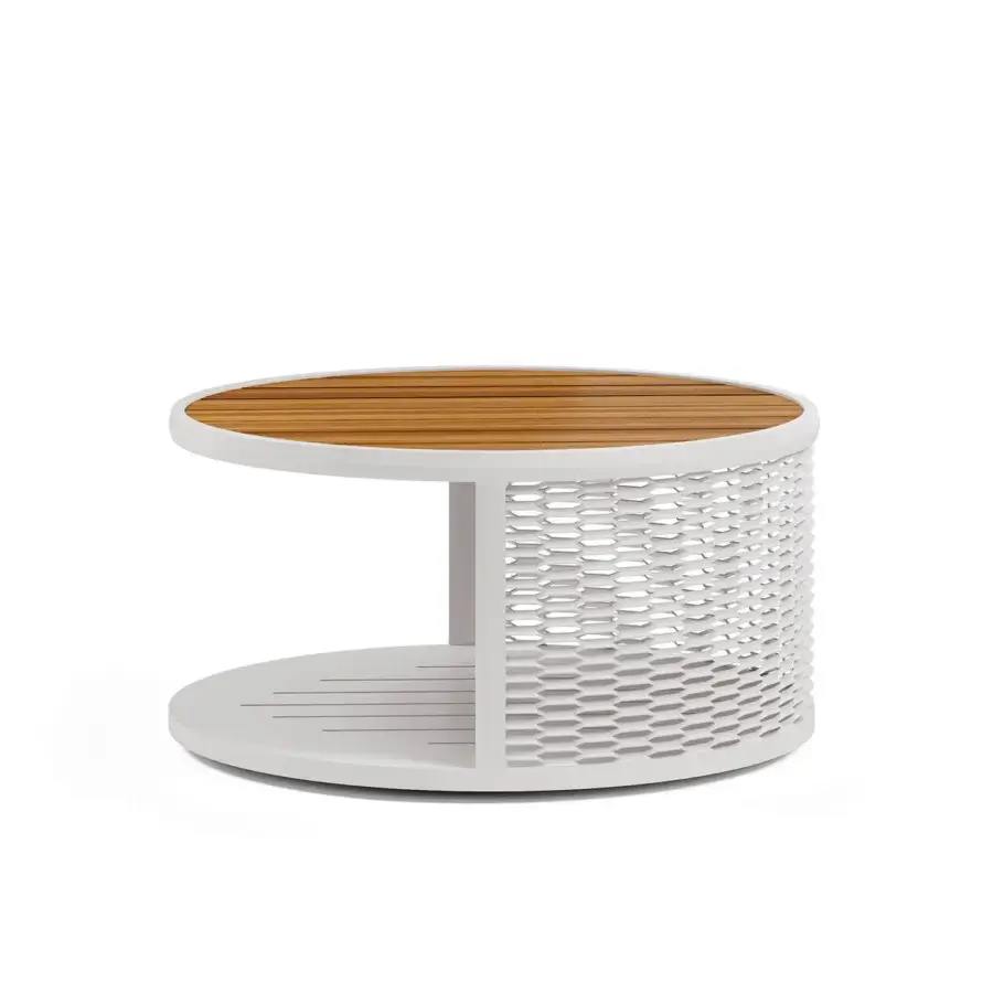Distinguished Atmosphera Switch coffee table with aluminum plate and warm-toned wood, exhibiting hexagonal perforation and matte white metalwork