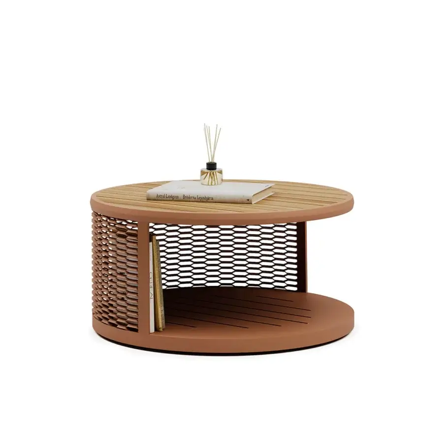 Exceptional Atmosphera Switch coffee table in warm brown wood-like material and darker brown matte metal, exhibiting an open grid design