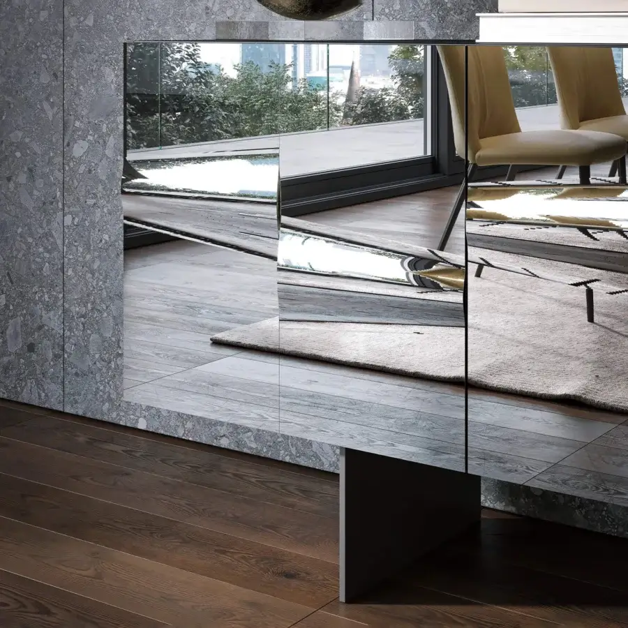Exceptional Tonin Casa Saffira sideboard crafted in satin-finished wood with melted mirrored glass doors and a warm brown tone