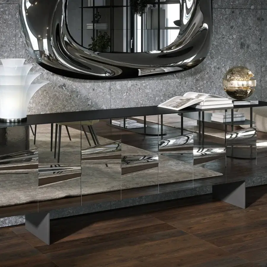 Distinctive Tonin Casa Saffira sideboard crafted in Italy with melted glass doors against a sleek black finish for luminous interiors