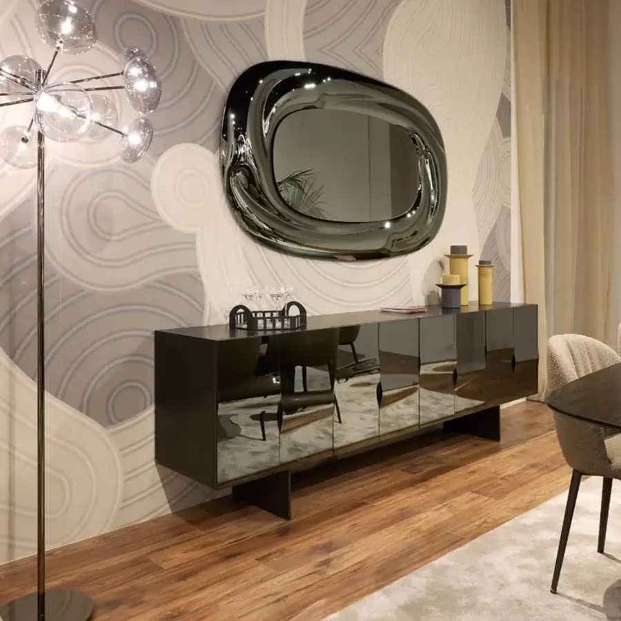 Exceptional Tonin Casa Saffira sideboard crafted in Italy with glossy dark gray melted glass doors and a minimalist finish