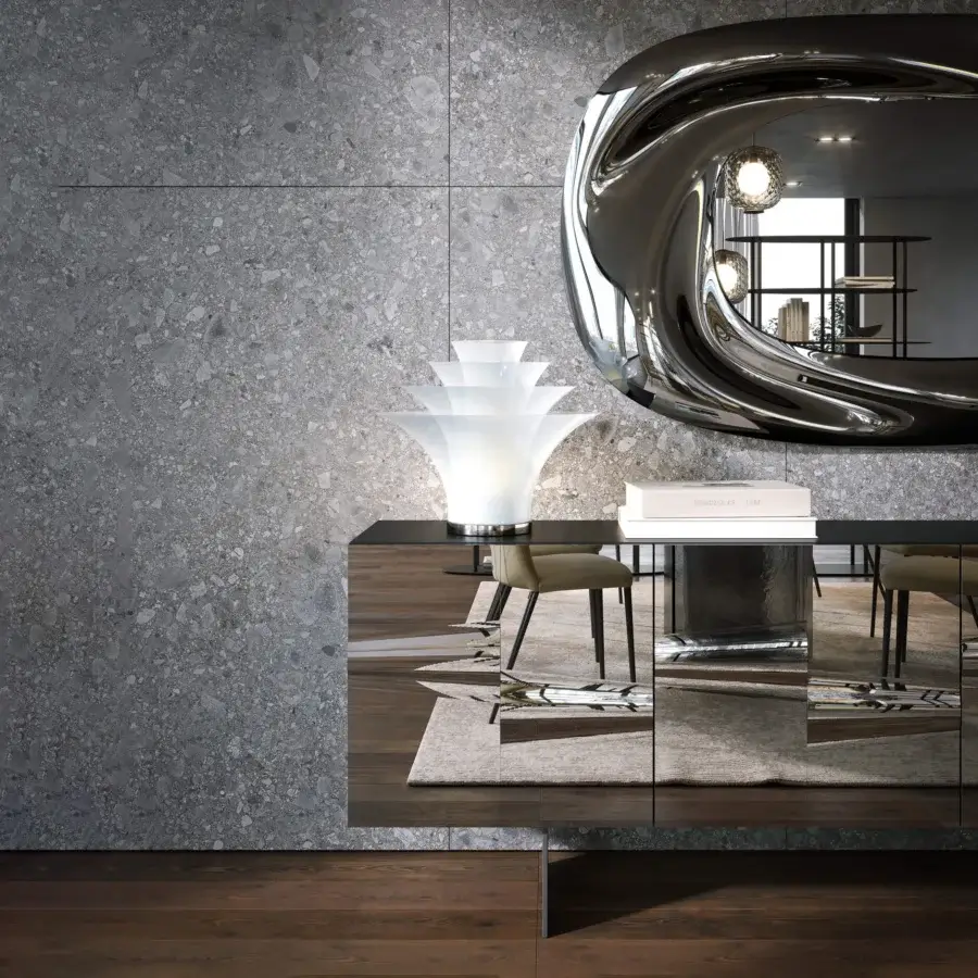 Elegant Tonin Casa Saffira sideboard crafted with melted glass and bright silver finish embodies contemporary Italian design