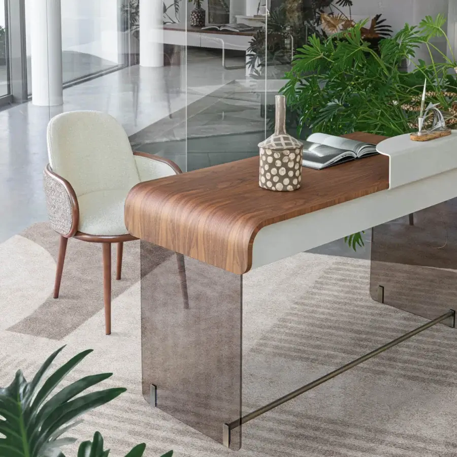 Exceptional Capital Adam desk with sculpted wood tabletop in warm brown and curved bronzed glass legs with matching drawers
