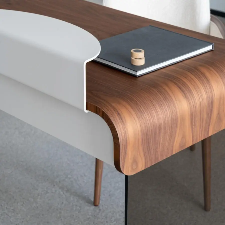 Sophisticated Capital Adam desk with sculpted wood top in warm brown and bronzed glass legs with polyester finish