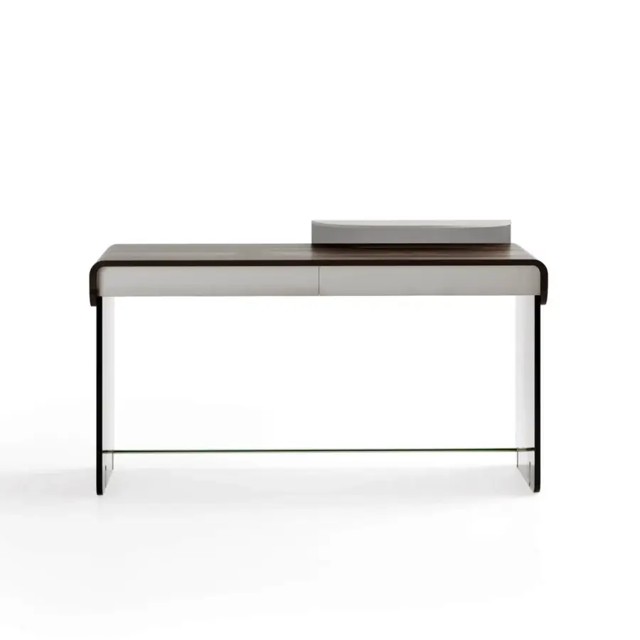 Distinguished Capital Adam desk with sculpted wood tabletop in medium-dark essence and bronzed glass legs with glossy polyester finish