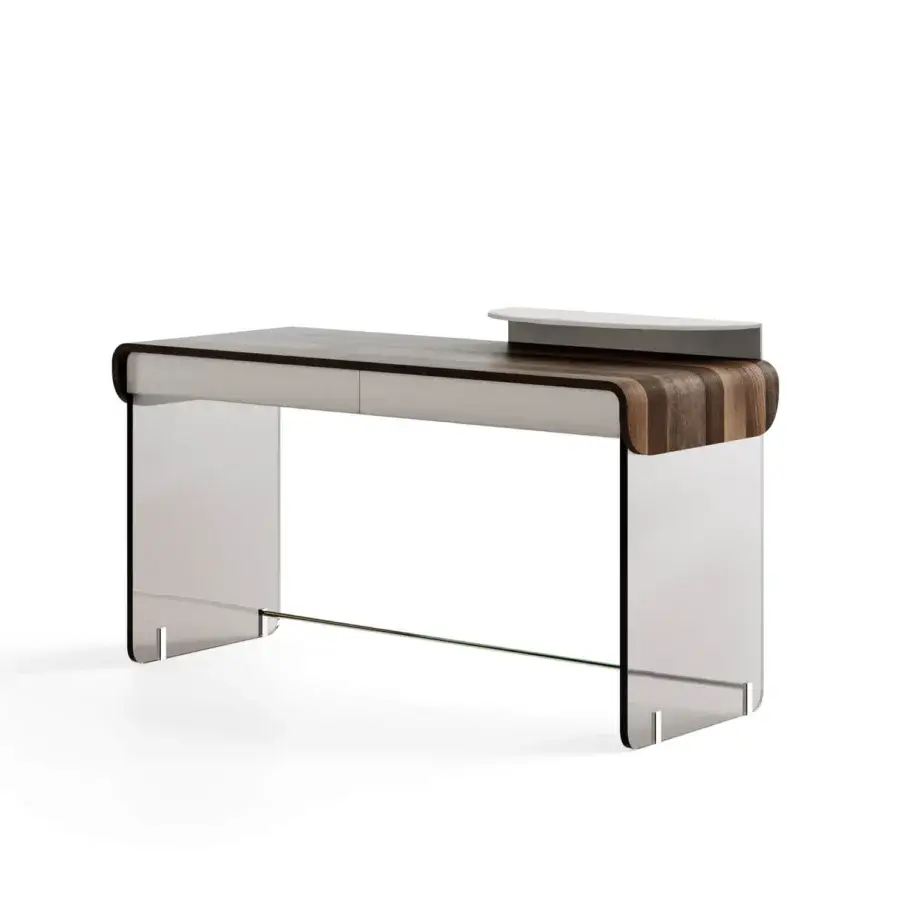 Superior Capital Adam desk with sculpted wood desktop displaying striped medium brown tones and bronzed glass legs