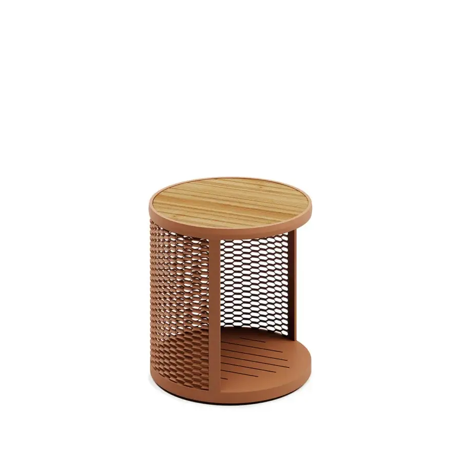 Refined Atmosphera Switch side table with terracotta aluminum and satin wood, exhibiting hexagonal perforation and integrated shelf
