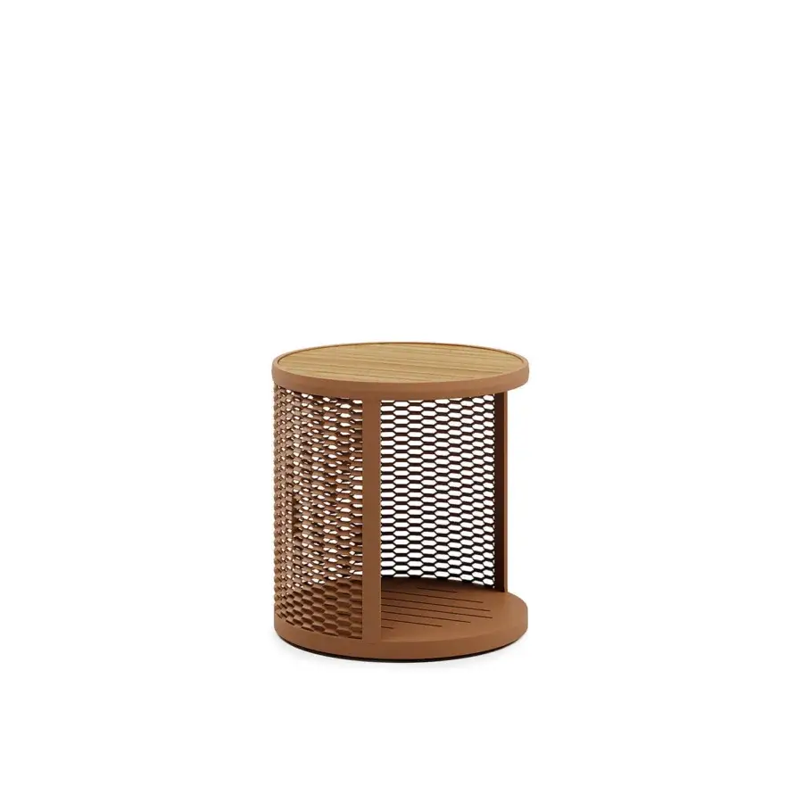Superior Atmosphera Switch side table with terracotta metal and satin wood, exhibiting a distinctive honeycomb pattern