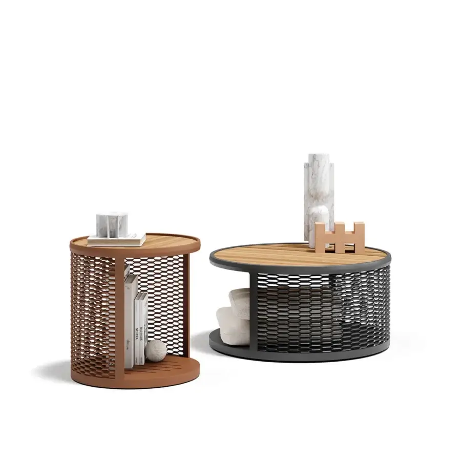 Exclusive Atmosphera Switch side table with terracotta metal and light wood, displaying architectural perforated texture