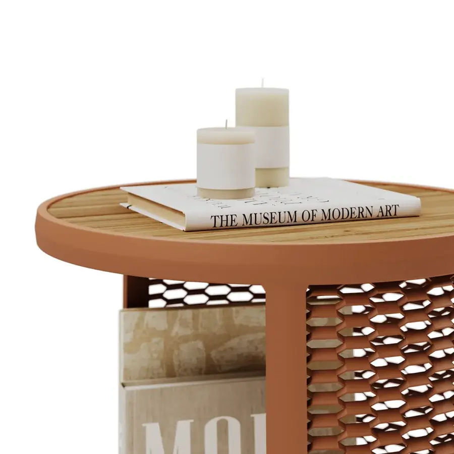 Distinguished Atmosphera Switch side table with reddish-brown aluminium and perforated texture, exhibiting a satin finish