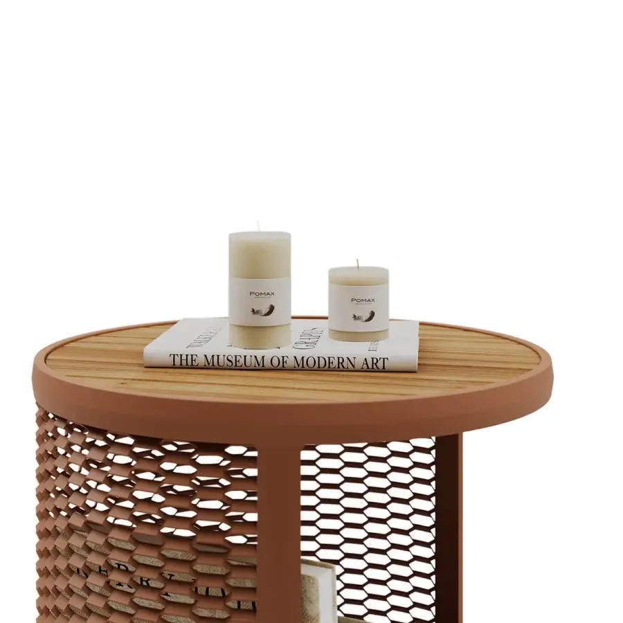 Superior Atmosphera Switch side table with woven metal base and satin-finish wood tabletop in earthy brown tones