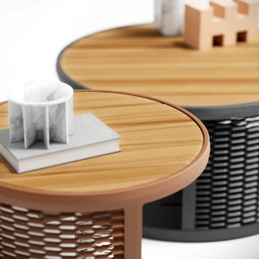 Elegant Atmosphera Switch side table with warm wood top and reddish-brown matte metal framework exhibiting architectural detailing