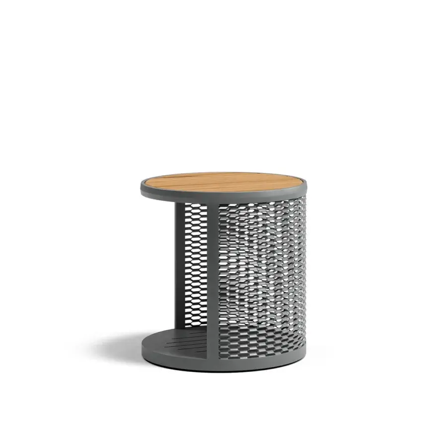Refined Atmosphera Switch side table with natural wood tabletop and matte grey perforated aluminium base