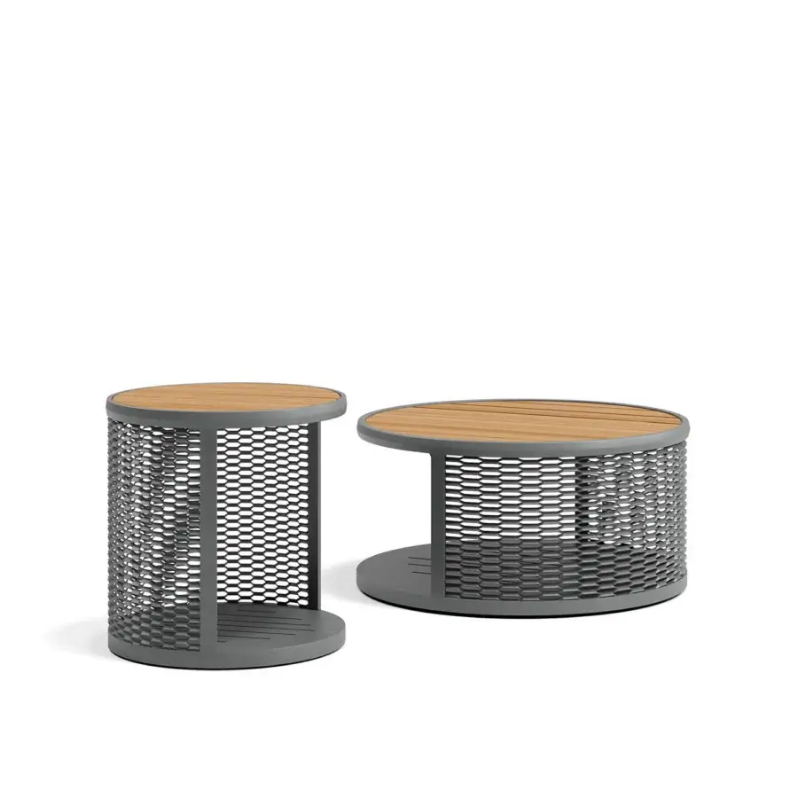 Distinguished Atmosphera Switch side table crafted with warm-toned wood and perforated matte grey aluminium with satin finish