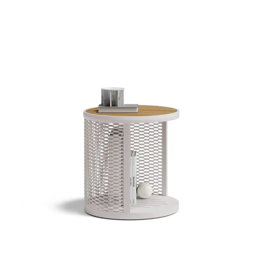 Exceptional Atmosphera Switch side table built with aluminum and wood, displaying a perforated matte finish