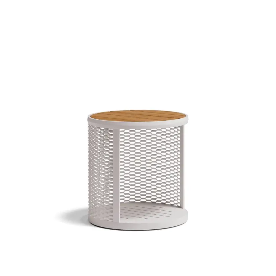Architectural Atmosphera Switch side table with warm-toned wood and pale off-white perforated aluminum base